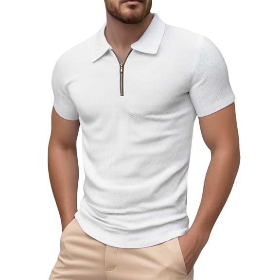 XIAONU Mens Short-Sleeve Half-Zip Polo Shirt Textured Slim-Fit Top Stylish Daily Office Weekend Wear