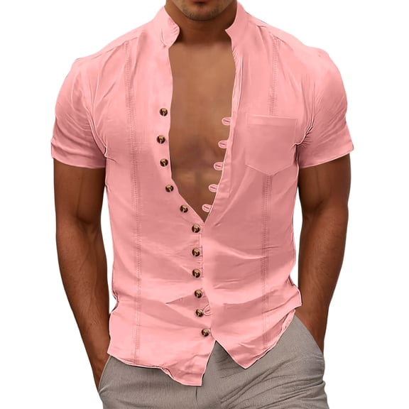 XIAONU Mens Short-Sleeve Mandarin Collar Shirt Button-Accent Stylish Top Bold Casual Evening Social Wear Blouse