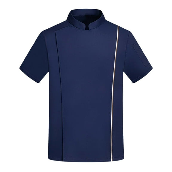 XIAONU Mens Short-Sleeve Mandarin Collar Work Shirt Striped-Accent Functional Top Durable Restaurant Service Uniform Wear