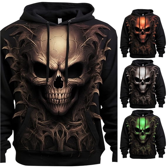 XIAONU Mens Skull Graphic Print Hoodie Oversized Front Pocket Night Out Long Sleeve Pullover Top