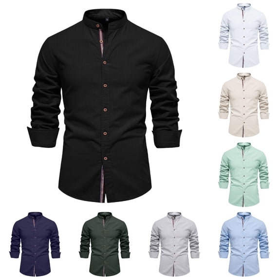 XIAONU Mens Solid Button Down Shirts Mandarin Collar Regular Fit Shirts Lightweight Office Casual Tops