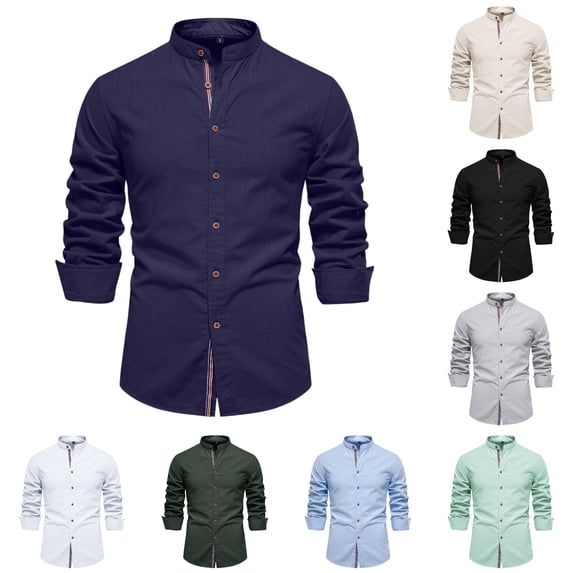 XIAONU Mens Solid Button Down Shirts Mandarin Collar Regular Fit Shirts Lightweight Office Casual Tops