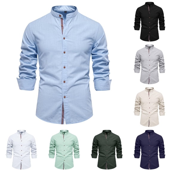 XIAONU Mens Solid Button Down Shirts Mandarin Collar Regular Fit Shirts Lightweight Office Casual Tops