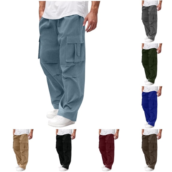 XIAONU Mens Solid Cargo Pants Drawstring Waist Multi Pockets Pants