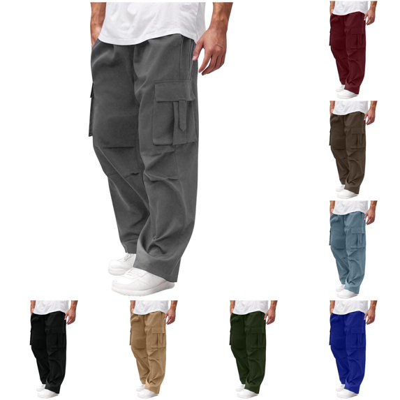 XIAONU Mens Solid Cargo Pants Drawstring Waist Multi Pockets Pants