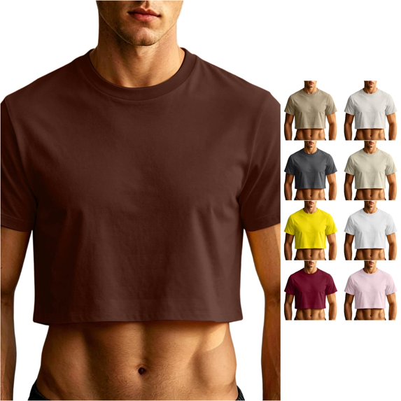 XIAONU Mens Solid Cropped Short Sleeve Tees Crew Neck Cropped Tops Slim Fit Street Tees