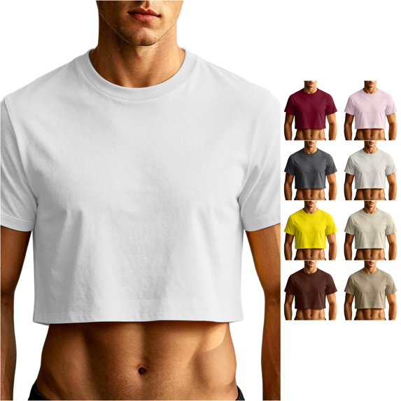 XIAONU Mens Solid Cropped Short Sleeve Tees Crew Neck Cropped Tops Slim Fit Street Tees