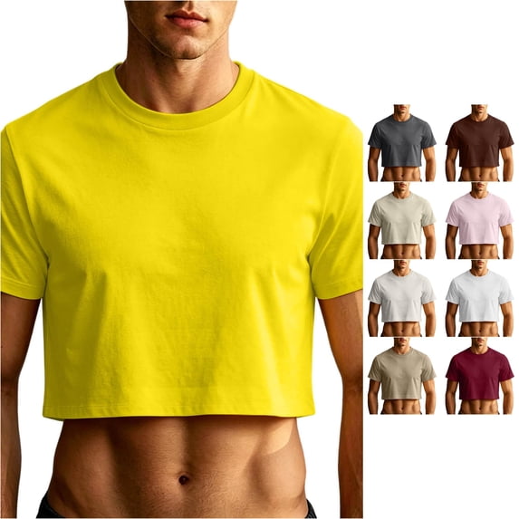 XIAONU Mens Solid Cropped Short Sleeve Tees Crew Neck Cropped Tops Slim Fit Street Tees