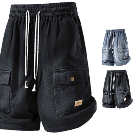 XIAONU Mens Solid Denim Shorts Elastic Waist Side Pockets Shorts