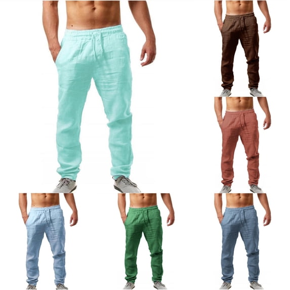 XIAONU Mens Solid Tapered Pants Drawstring Waist Side Pockets Pants