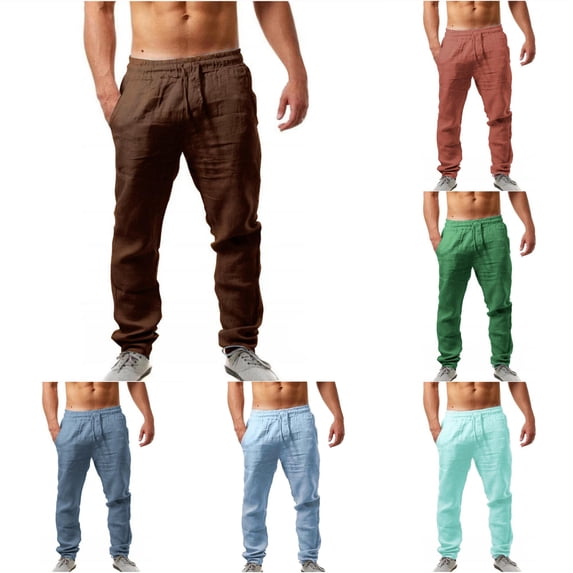 XIAONU Mens Solid Tapered Pants Drawstring Waist Side Pockets Pants