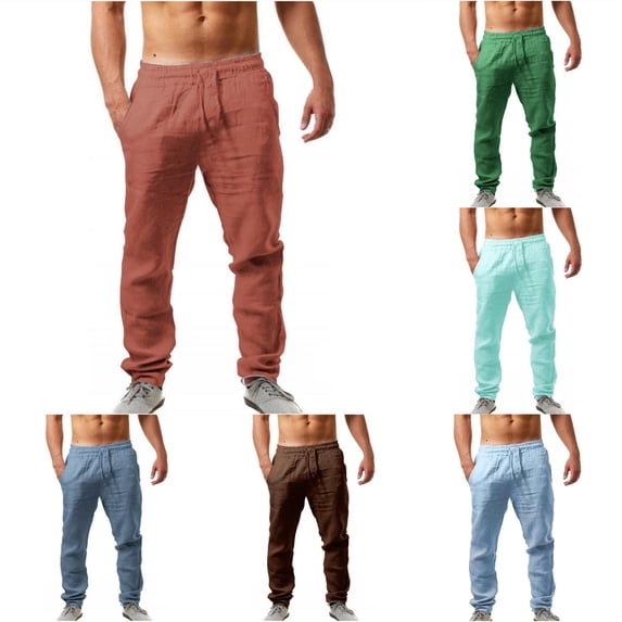 XIAONU Mens Solid Tapered Pants Drawstring Waist Side Pockets Pants