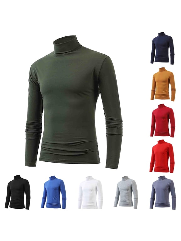 Mens Solid Turtleneck Tee High Neck Slim Fit Long Sleeve Base Layer Tees