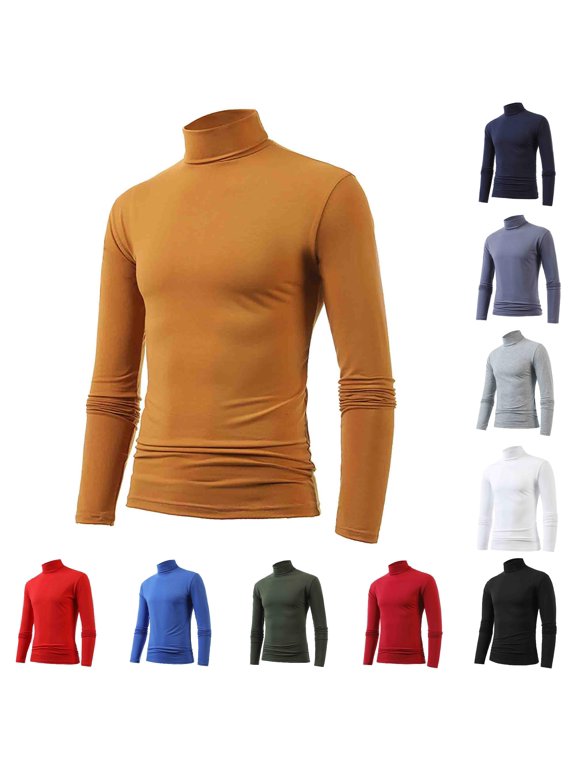 Mens Solid Turtleneck Tee High Neck Slim Fit Long Sleeve Base Layer Tees