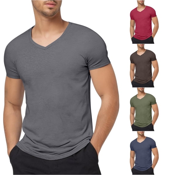 XIAONU Mens Solid V Neck T Shirt Short Sleeve Slim Fit Basic Casual Tee
