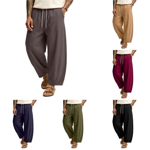 XIAONU Mens Solid Wide Leg Pants Drawstring Waist Relaxed Fit Casual Pants