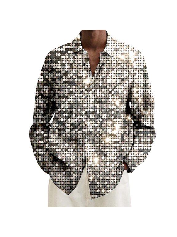 XIAONU Mens Sparkly Disco Shirt Button Down Long Sleeve Top Party Nightclub Wear Shirts