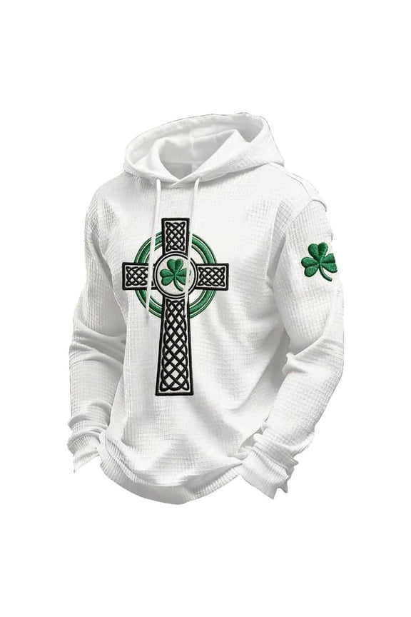 Mens St Patrick's Day Celtic Cross Graphic Hoodie Embroidered Shamrock Detail Pullover Cozy Casual Holiday Wear Sweatshirt