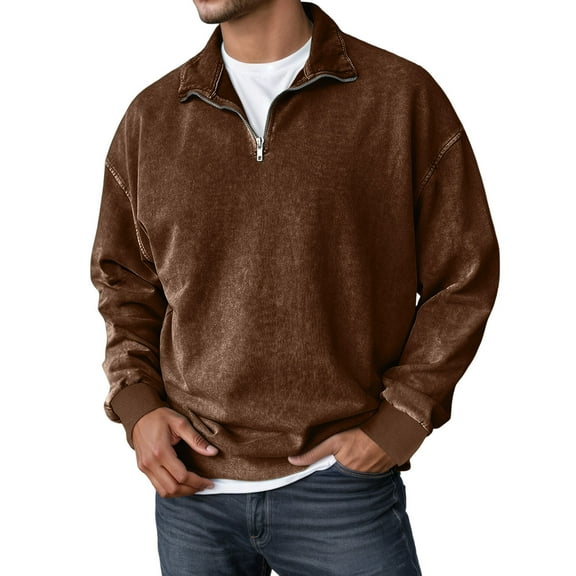 XIAONU Mens Sweatshirts Washed Long Sleeve Hoodless Sweatshirt Relaxed Fit Drop Shoulder Casual Pullover Top Comfortable