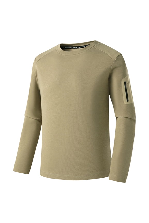 Mens Sweatshirts Winter Warm Long Sleeve Crew Neck Pullover Top Raglan Sleeves Zippered Arm Pocket Solid Color Streetwear Top Brown L