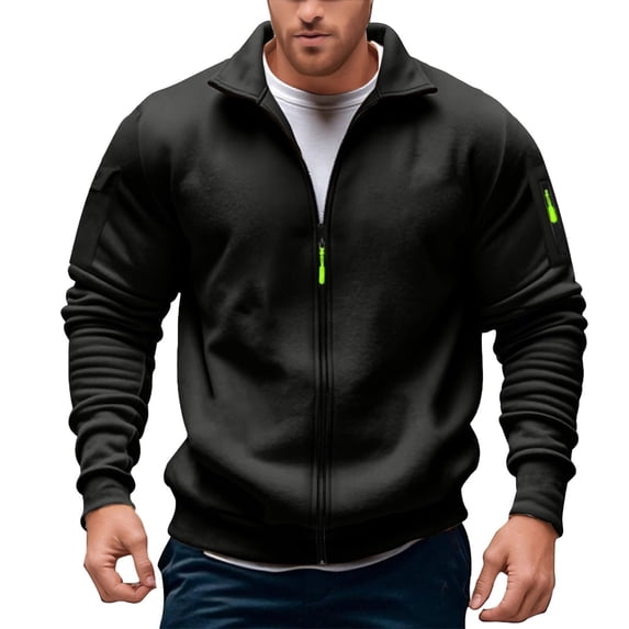 XIAONU Mens Sweatshirts Zipper Front Color Blocked Sleeveless Hoodless Jacket Long Sleeved Slim Fit Polo Collar Trendy Hoodless Sweatshirt
