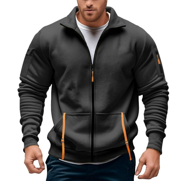 XIAONU Mens Sweatshirts Zipper Front Color Blocked Sleeveless Hoodless Jacket Long Sleeved Slim Fit Polo Sweatshirt With Pockets
