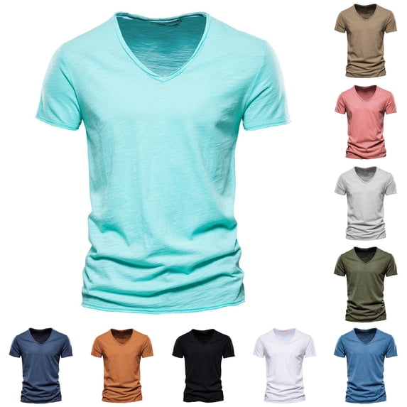 XIAONU Mens V Neck T Shirt Short Sleeve Slim Fit Basic Cotton Tees Tops