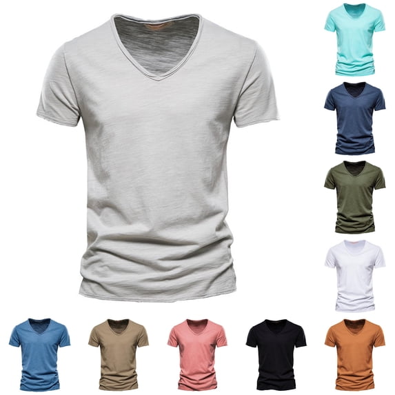 XIAONU Mens V Neck T Shirt Short Sleeve Slim Fit Basic Cotton Tees Tops