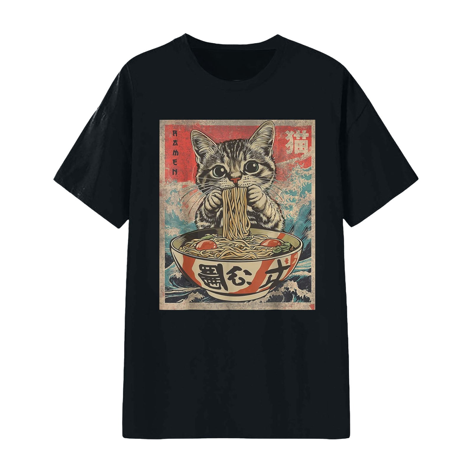 XIAONU Mens Vintage Japanese Ramen Cat Graphic Tee Short Sleeve Crew ...