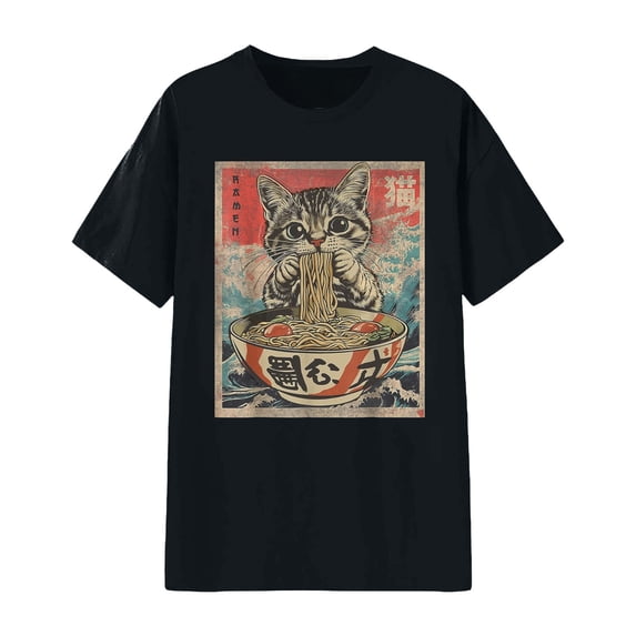 XIAONU Mens Vintage Japanese Ramen Cat Graphic Tee Short Sleeve Crew Neck T Shirt Casual Streetwear Novelty Top