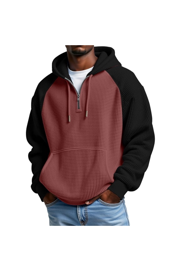 Mens Waffle Knit Half Zip Hoodies Raglan Sleeve Contrast Panel Hooded Sweatshirt Cozy Casual Everyday Wear Pullovers