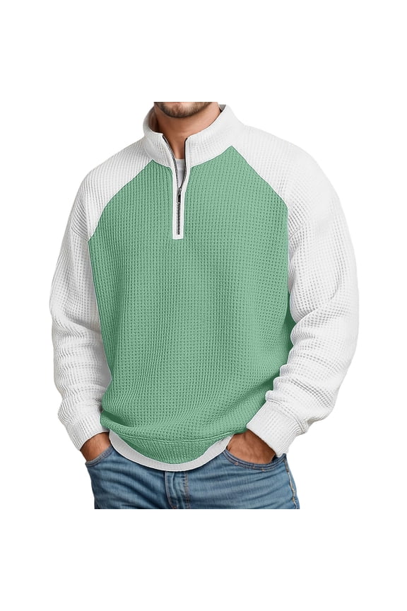 Mens Waffle Knit Quarter Zip Hoodie Contrast Raglan Sleeve Stylish Pullover Warm Casual Daily Wear Sweatshirt