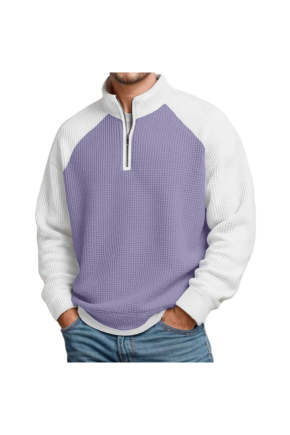 Mens Waffle Knit Quarter Zip Hoodie Contrast Raglan Sleeve Stylish Pullover Warm Casual Daily Wear Sweatshirt