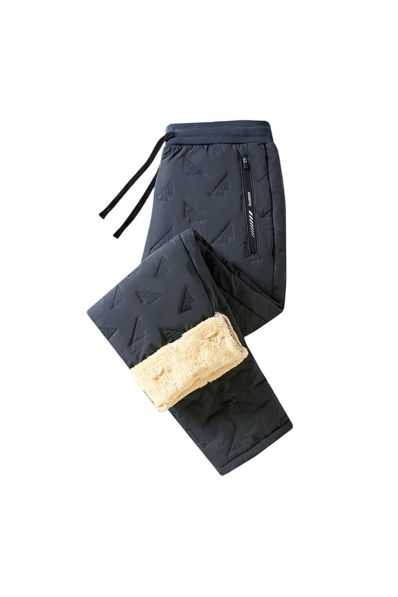 Mens Winter Fleece Lined Pants Windproof Warm Quilted Trousers With Zipper Pockets