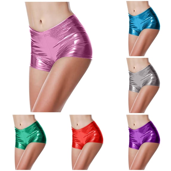 XIAONU Metallic Finish Shorts for Women Low Rise Waist Stretchy Fabric Bottoms