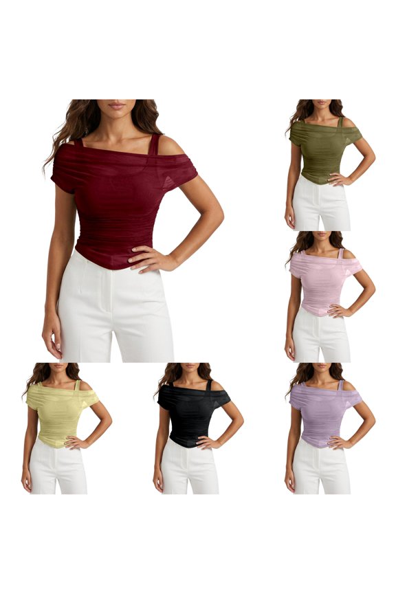 Off Shoulder Ruched Mesh Top for Women Cropped Fitted Slim Tees Date Night Trendy Shirts