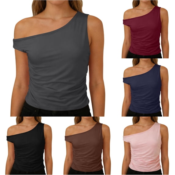 XIAONU Off Shoulder Top for Women Sleeveless Ruched Slim Fit Party Shirts