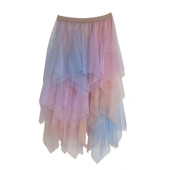 XIAONU Ombre Tulle Skirt For Women Asymmetrical Tiered Midi Skirt Breathable Bohemian Date Night Skirts