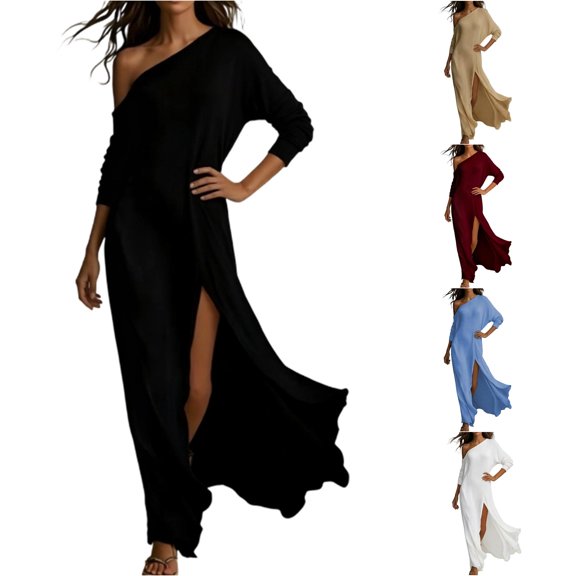 XIAONU One-Shoulder Maxi Dress for Women Slit Evening Spring-Fall Long Gown