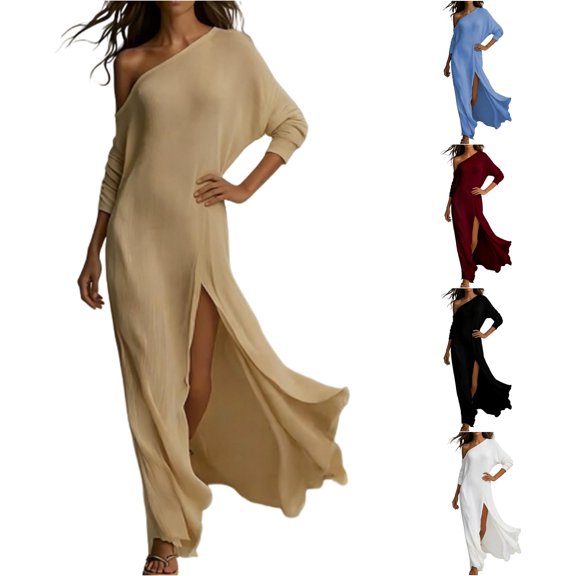 XIAONU One-Shoulder Maxi Dress for Women Slit Evening Spring-Fall Long Gown
