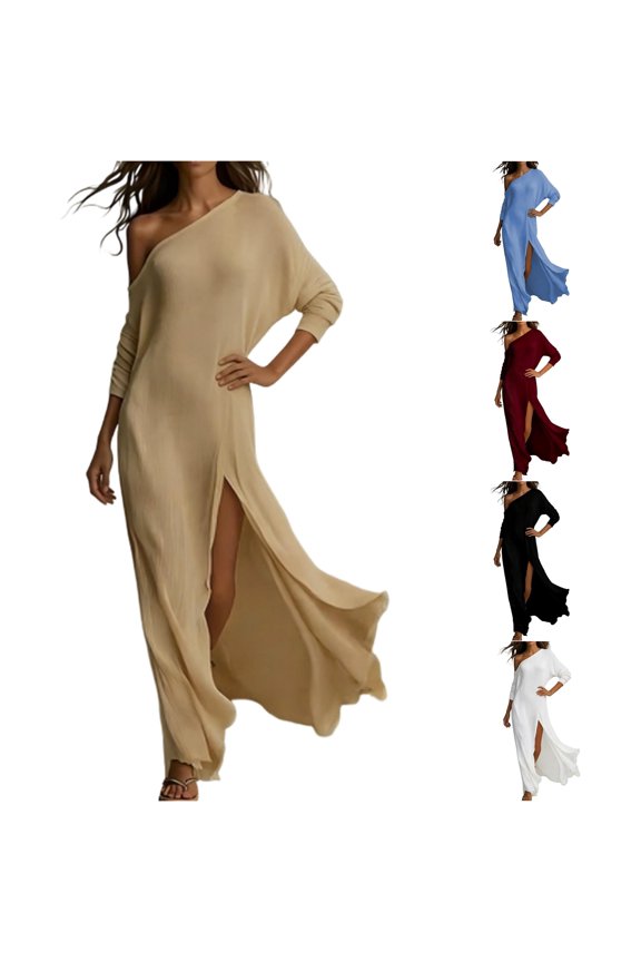 One-Shoulder Maxi Dress for Women Slit Evening Spring-Fall Long Gown