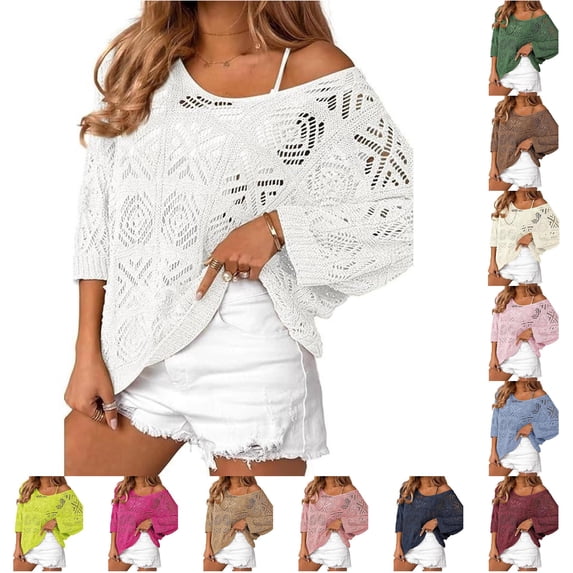 XIAONU Open Knit Hollow Out Sweater For Women Off Shoulder Drop Shoulder Beach Daily Blouses