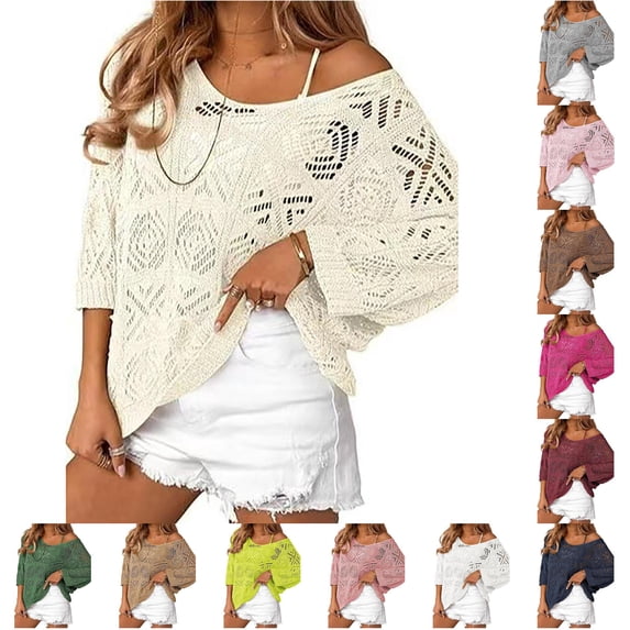 XIAONU Open Knit Hollow Out Sweater For Women Off Shoulder Drop Shoulder Beach Daily Blouses