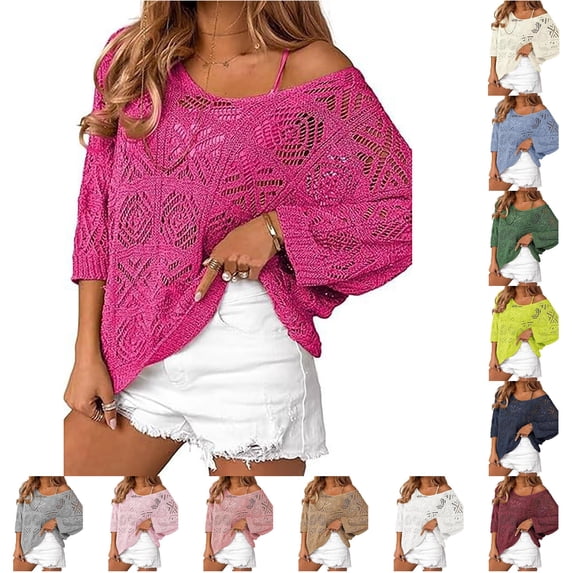 XIAONU Open Knit Hollow Out Sweater For Women Off Shoulder Drop Shoulder Beach Daily Blouses