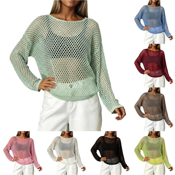 XIAONU Open Knit Sheer Pullover Sweater for Women Long Sleeve Crew Neck Casual Lightweight Loose Top