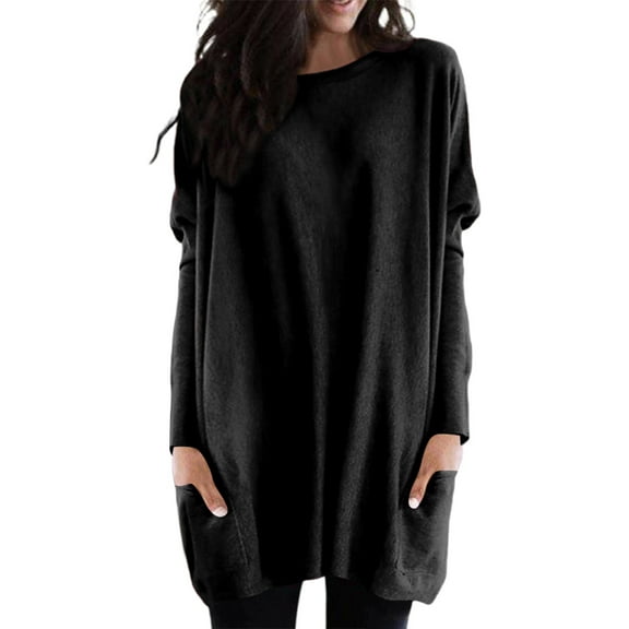 XIAONU Oversized Tunic T Shirt for Women Long-Sleeve Pullover Tee With Pockets Fall Winter Casual Daily Wear Top