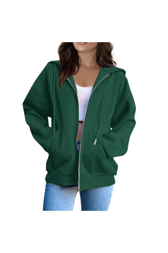 Oversized Zip Up Hoodie For Women Drop Shoulder Kangaroo Pocket Hooded Jacket Warm Casual Everyday Outerwear