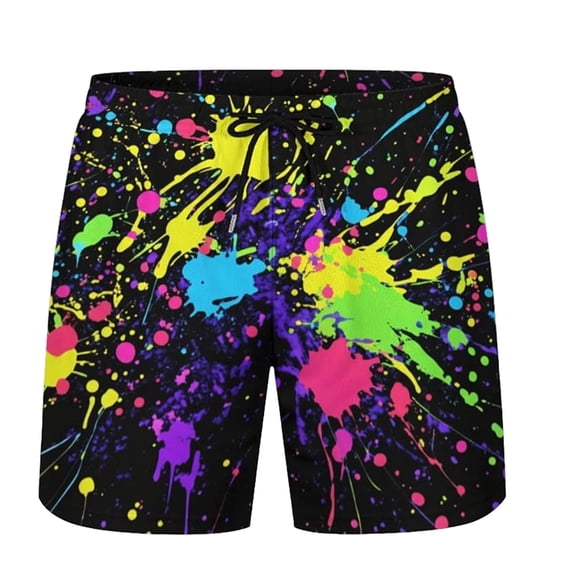XIAONU Paint Splash Print Shorts for Men Elastic Waist Side Pockets Swim Shorts