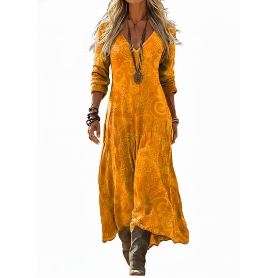 XIAONU Paisley Print Maxi Dress for Women V Neck Roll Sleeve Spring Boho Vacation Flowy Tunic