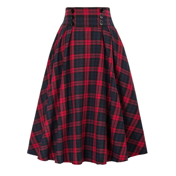 XIAONU Plaid Midi Skirt For Women Elastic Waist Flared Skirt Classic Preppy Holiday Skirts